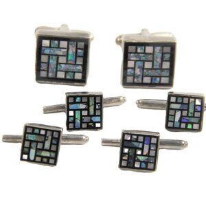 GREAT FALLS METAL WORKS GFMW STERLING SILVER INLAID CUFFLINKS & BUTTON COVER SET
